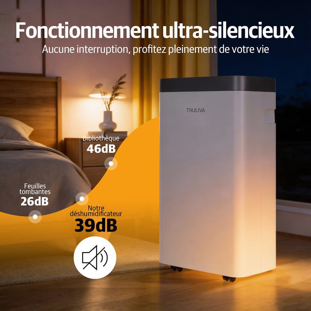 TRULIVA Déshumidificateur pour la maison, jusqu’à 32 m², minuterie 24 h, dégivrage automatique, séchage du linge, vidage continu, idéal pour les appartements humides, AP10-2012EE