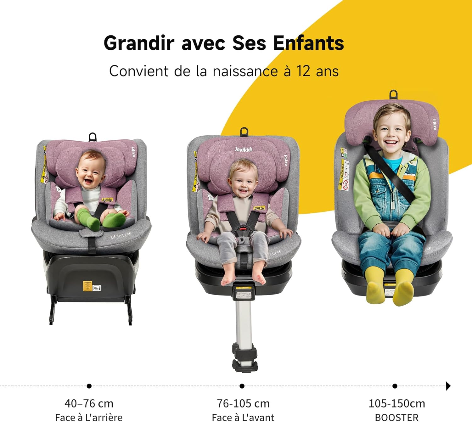 Jovikids siège enfant pivotant à 360° avec ISOFIX, i-Size 40-150 cm (de la naissance à environ 12 ans), siège auto pour bébé avec fonction d'inclinaison & pare-soleil amovible, ECE R129