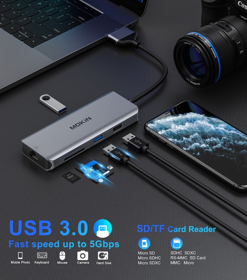 Mokin Adaptateur double USB C vers 2 x HDMI + 2 x USB3.0 + USB2.0 + RJ45 + SD/TF + PD