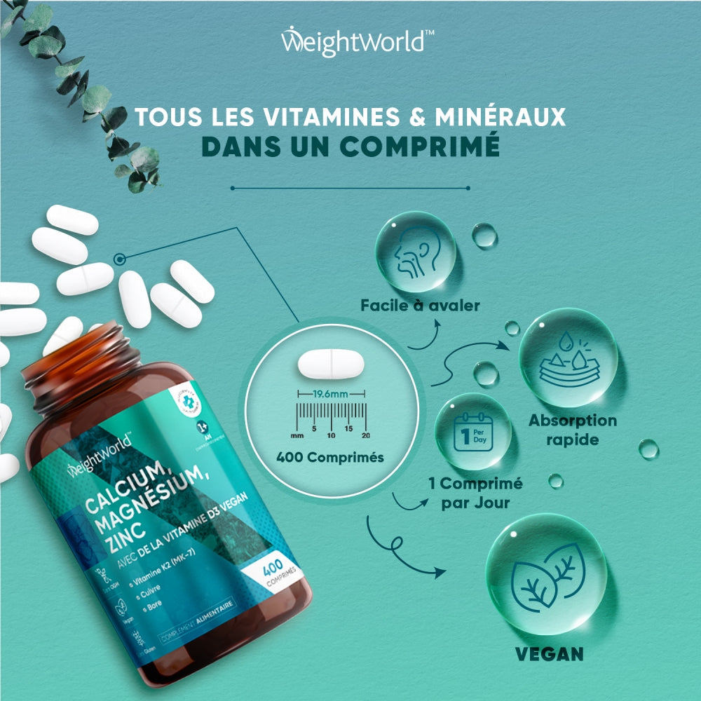 WeightWorld Calcium, Magnésium et Zinc avec Vitamine D3 - 400 comprimés