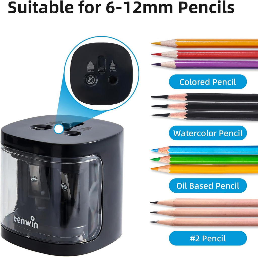 tenwin Taille-crayon électrique à double trou à piles pour crayons n° 2/de couleur 6 à 12 mm, Lame durable pour taillage rapide, Adapté école/salle de classe/bureau/maison, Noir