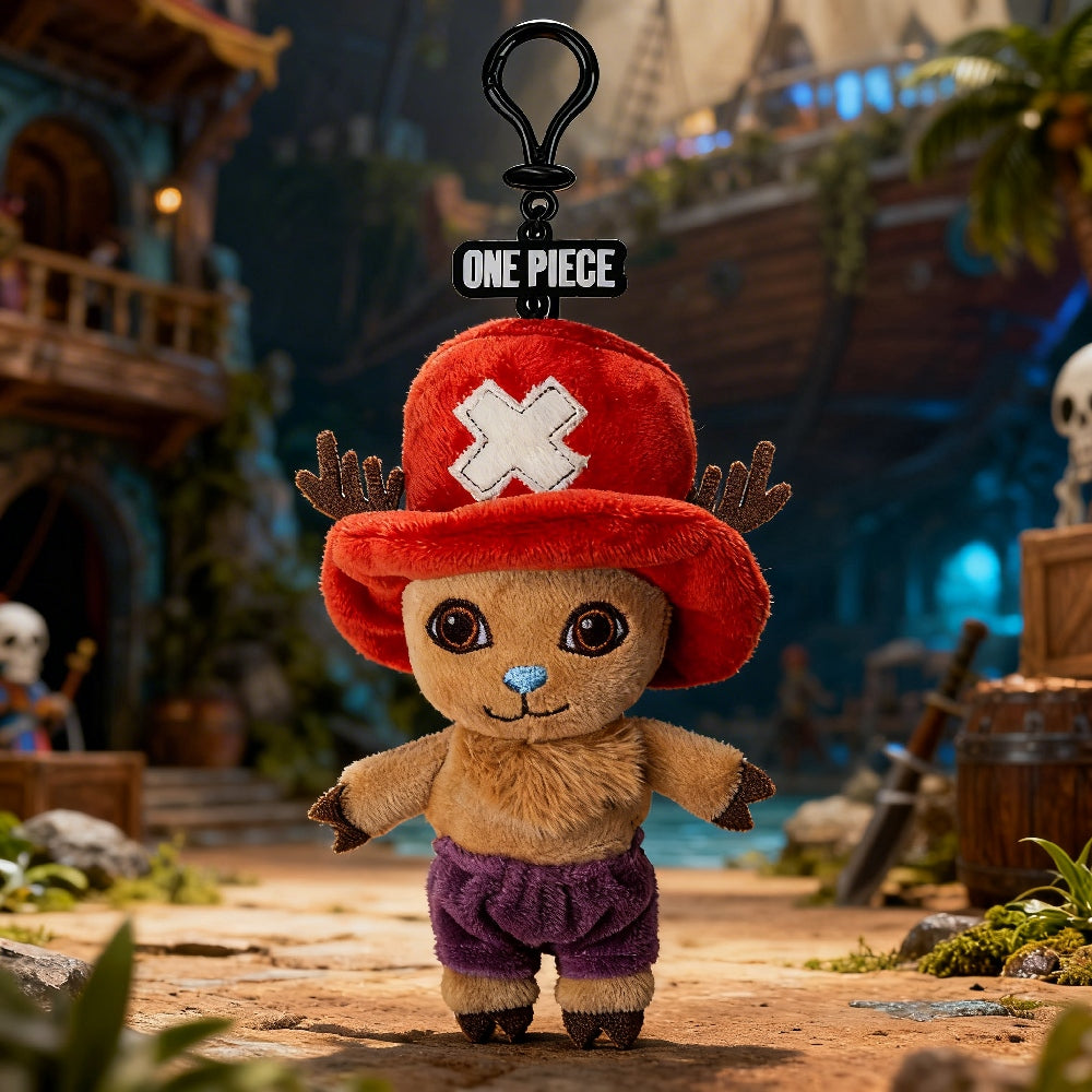 One Piece Porte-clés en peluche Tony Tony Chopper Mini Figurine Charms de sac avec étiquette logo Antilope Chapeau à cerf Tiroir à fermeture éclair Accessoires de collection d'anime