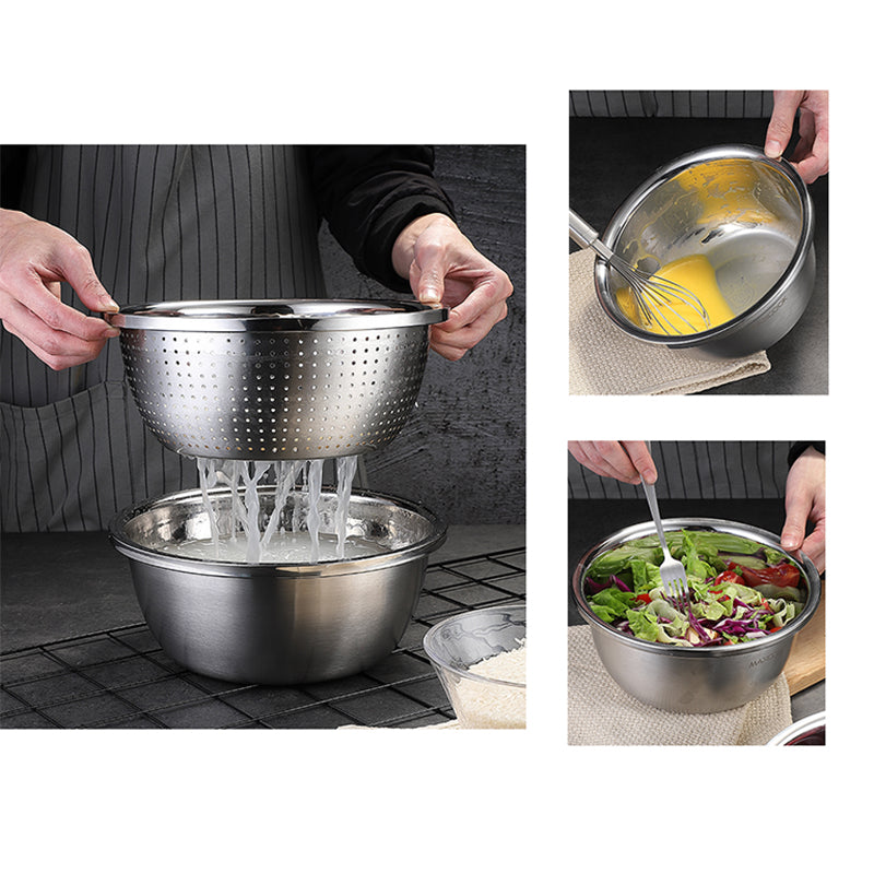 Maxcook Lot de 5 bols en acier inoxydable 304 avec égouttoir - bols épaiscis pour légumes et assaisonnements - 30 cm (MCWA797)