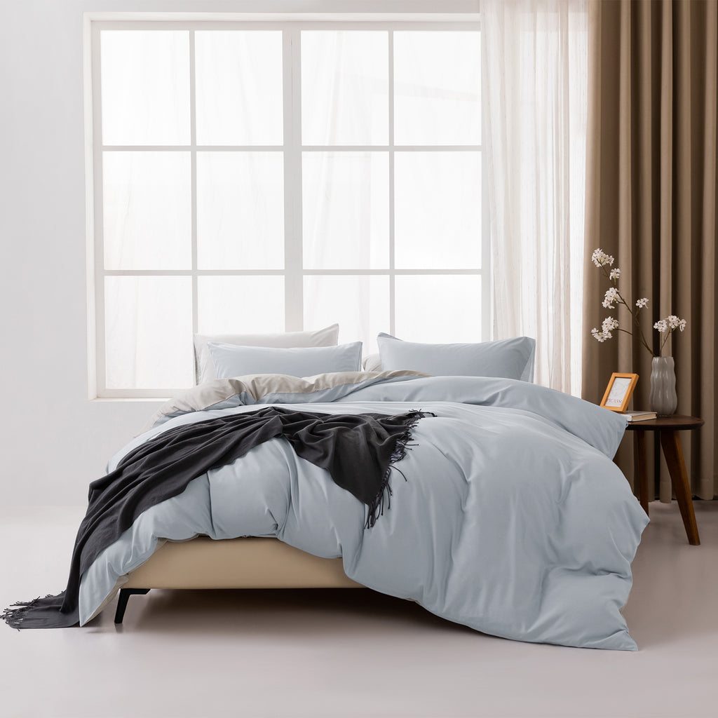 MENDALE Parure de lit haut de gamme - Housse de couette 135 x 200 cm avec taie d’oreiller 80 x 80 cm - Microfibre douce brossée - Bleu clair et gris clair
