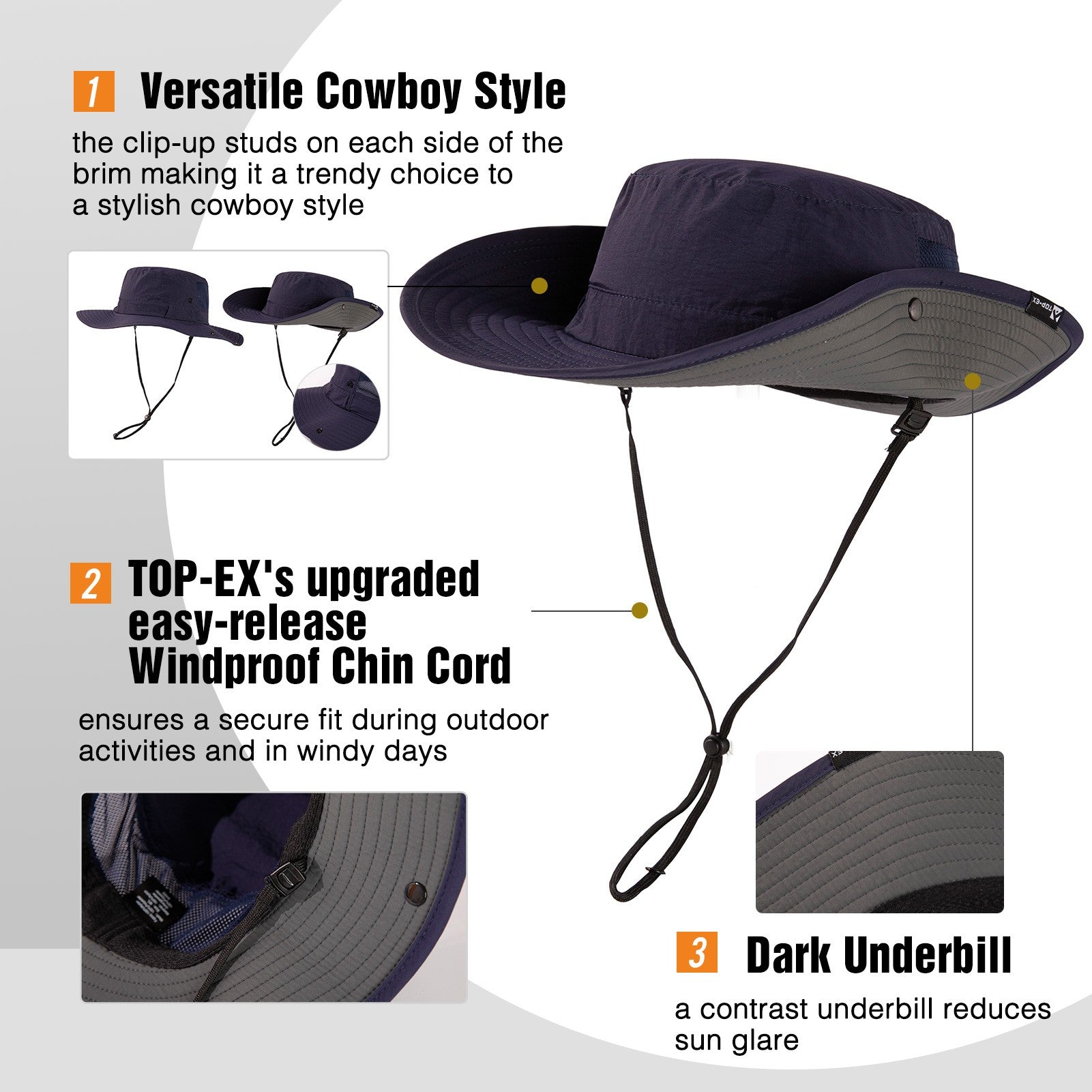 TOP-EX Chapeau bob de soleil à large bord pour pêche et randonnée d’été avec sangle amovible et maille ventilée M/L Bleu marine