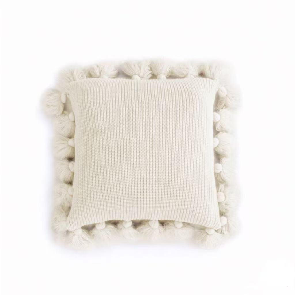 MEROPE, Housse de coussin en acrylique tricoté à franges, 50x50 cm, blanc, 1 pack