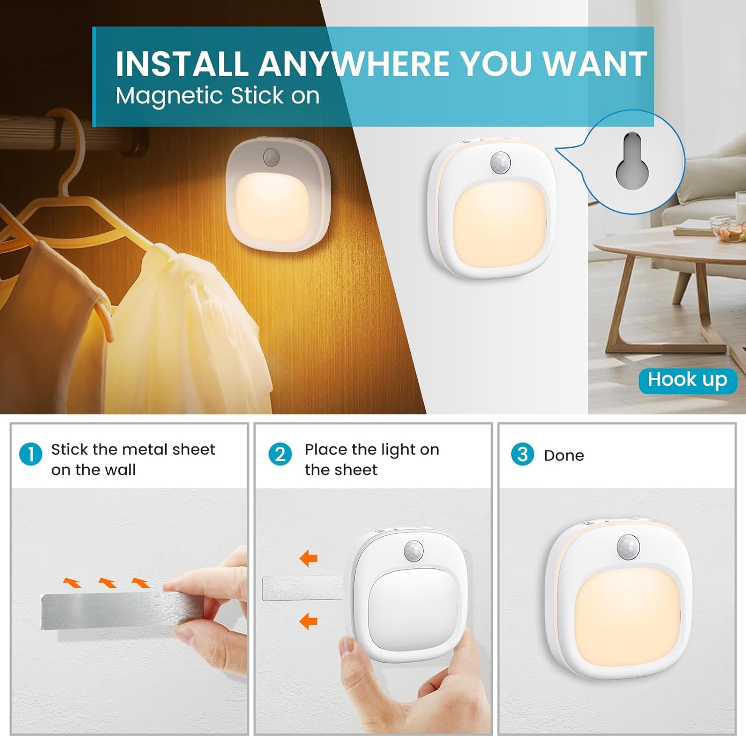 Lot de 2 veilleuses à piles avec capteur de mouvement, 5 niveaux de luminosité, 3 températures de couleur, LED SMD, 1 W, 100 à 240 V, ABS + métal, pour chambre, couloir et toilettes