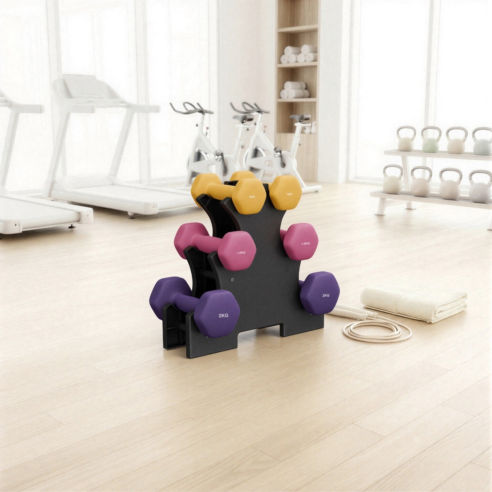 JOYFURNOSSet d’haltères hexagonaux avec support – 3 paires (1 kg, 1,5 kg, 2 kg), finition mate en néoprène, poids à main pour l’exercice à domicile – Jaune, Rose et Violet