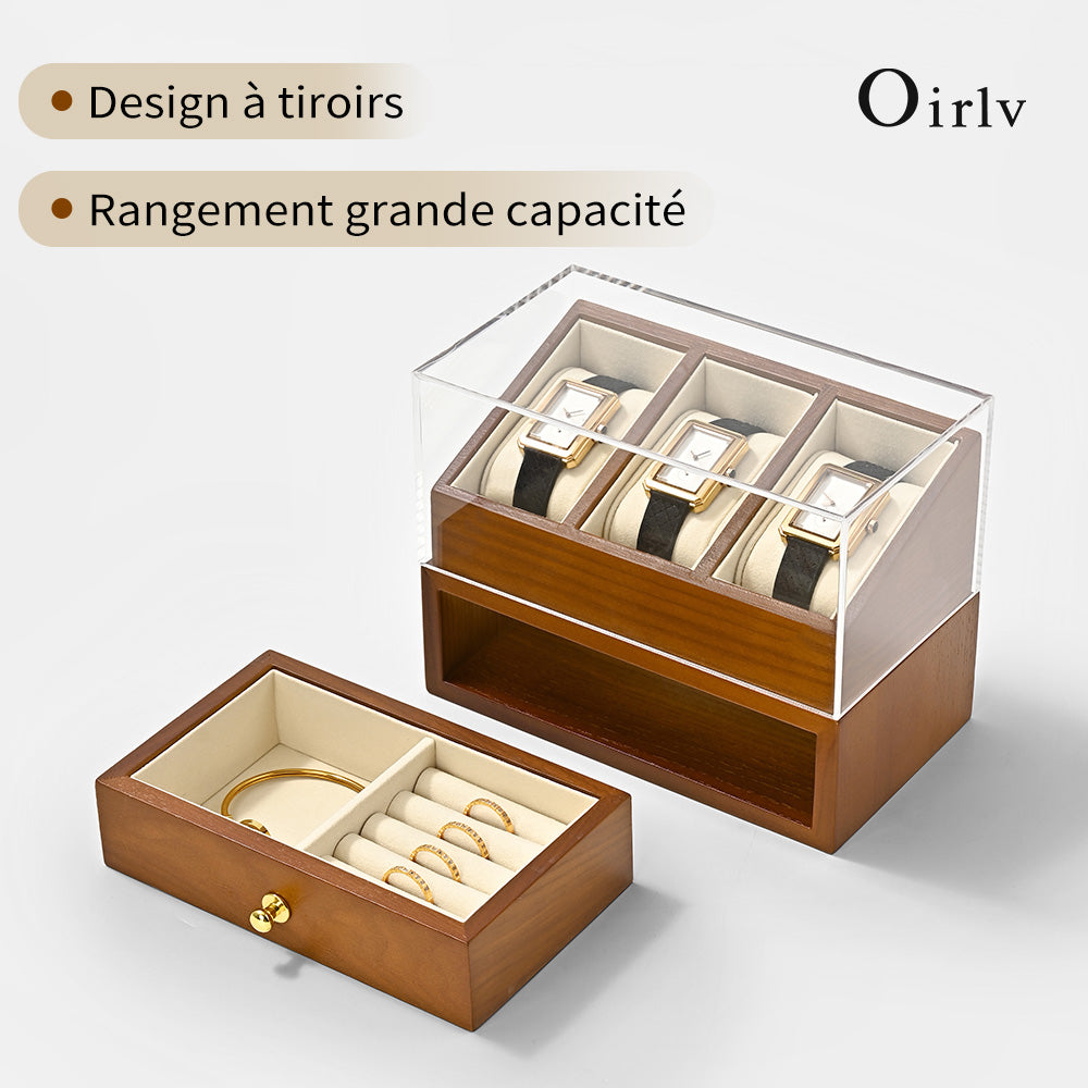 Oirlv 3 Grilds Boîte à montres en bois, organisateur de bijoux à double couche, boîte d'exposition pour montres, boîte de rangement anti-poussière avec couvercle transparent