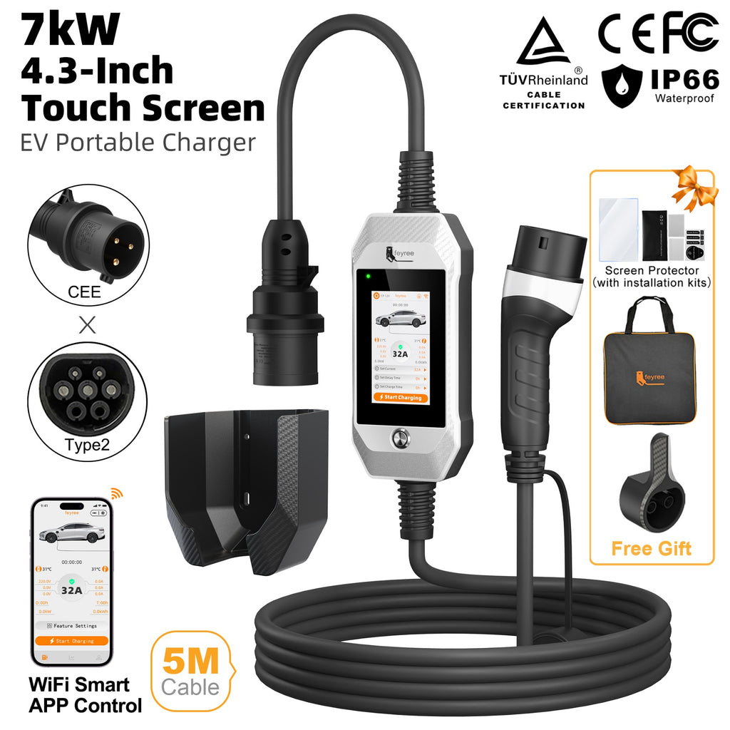 feyree Chargeur de voiture électrique portable avec écran tactile 4,3 pouces, Type 2, 7 kW, 32 A, réglable avec adaptateur, contrôle Wi-Fi via application intelligente pour voiture électrique