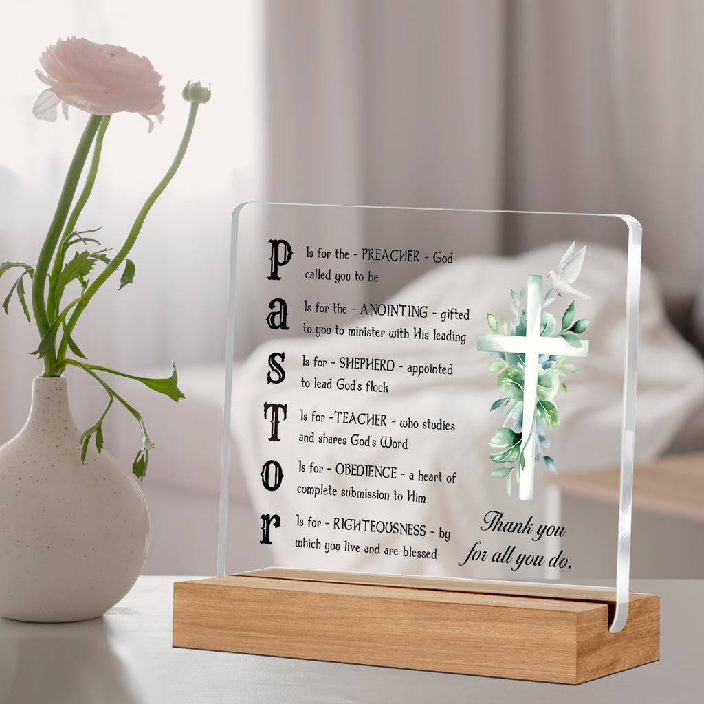 Alphynix 1 pc plaque de leadership spirituel, décomposition de l'acronyme "PASTOR" sur acrylique transparent avec base en bois