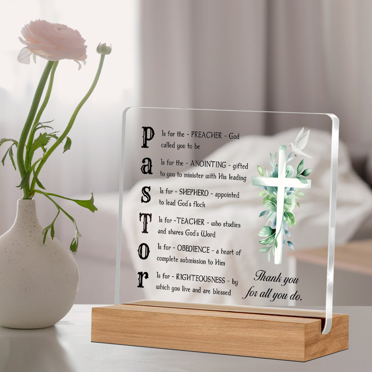 Alphynix 1 pc plaque de leadership spirituel, décomposition de l'acronyme "PASTOR" sur acrylique transparent avec base en bois