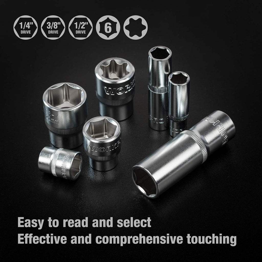 WORKPRO Jeu de clés à douille, de clés à cliquet et de clés à rainure en acier chrome-vanadium, outils mécaniques automobiles professionnels avec boîte rigide de 172 pièces