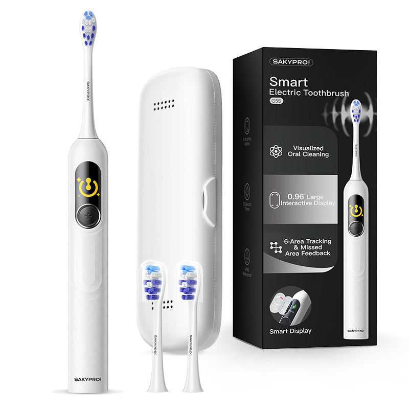 saky Pro Brosse à dents électrique sonique familiale G5S Blanc avec écran intelligent IA pour adultes et enfants | Autonomie 150 jours, carte de brossage en temps réel | Mode blanchiment, minuterie 3 min, étui de voyage