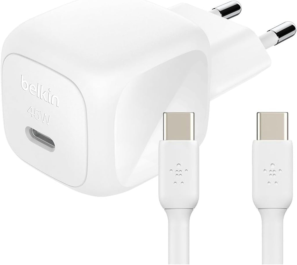 Belkin BoostCharge Chargeur secteur compact avec câble USB-C vers USB-C, 45 W - Blanc