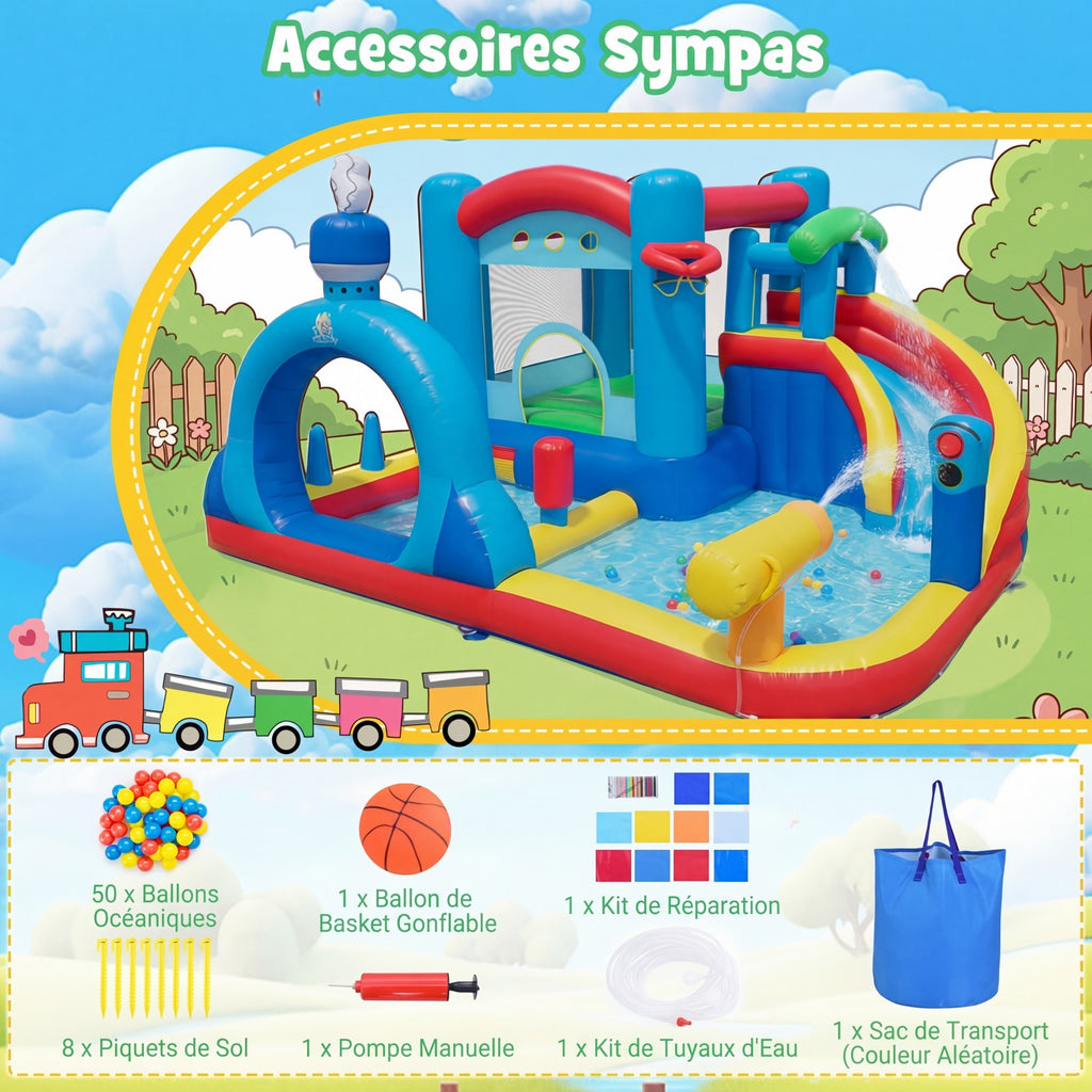 Costway Château gonflable avec toboggan aquatique, aire de saut, piscine, canon à eau, sacs de sable et jeu de panier (gonfleur non inclus)