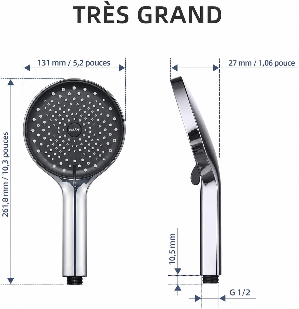 Pommeau de douche rafraîchissant d'été Cobbe avec flexible, grand modèle effet pluie à pression renforcée, 3 modes de jet, économie d'eau, finition noir/chrome