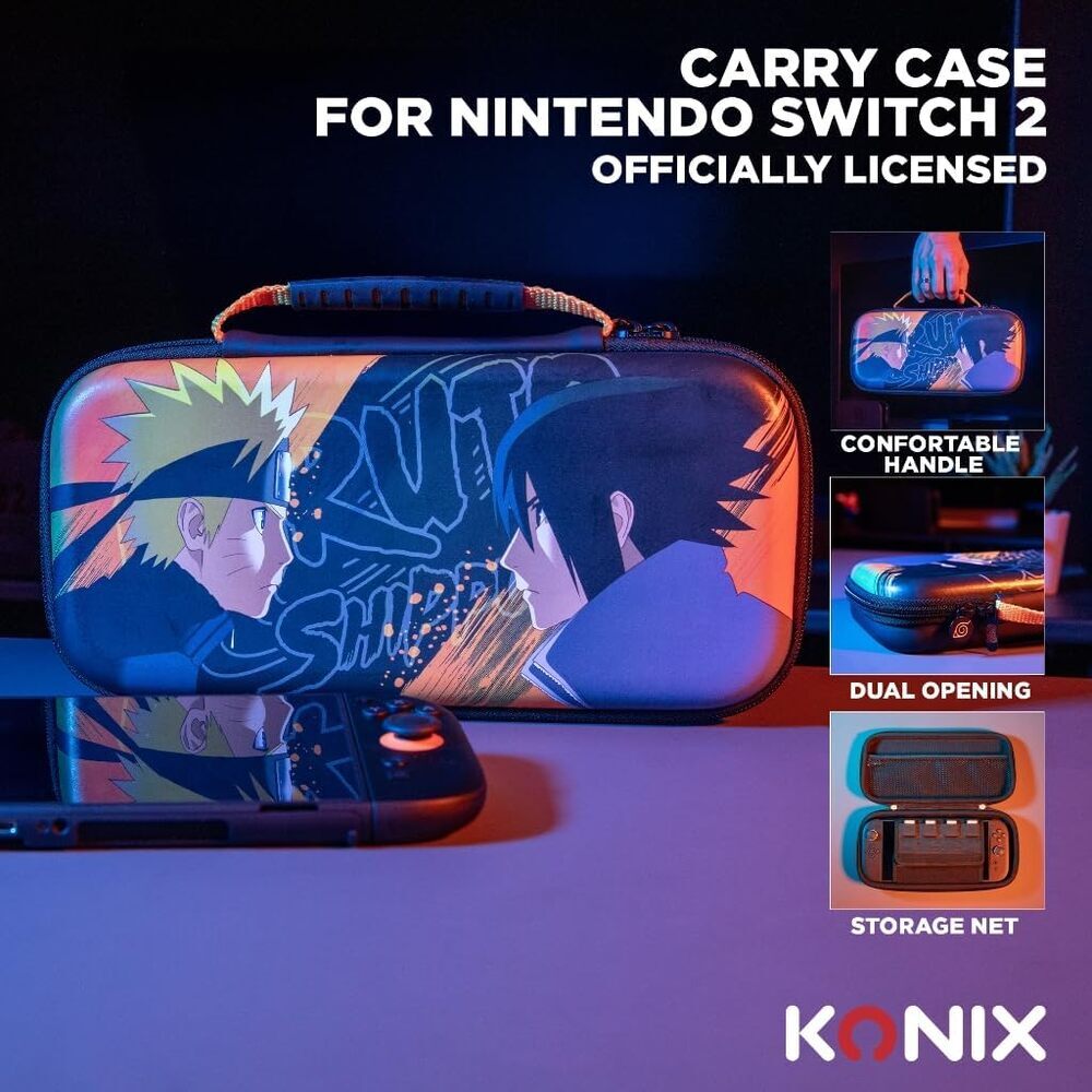 Konix Naruto Shippuden Housse de protection et transport Nintendo Switch 2 - Rangement accessoires et 8 jeux - Motif Naruto et Sasuke - Noir et orange