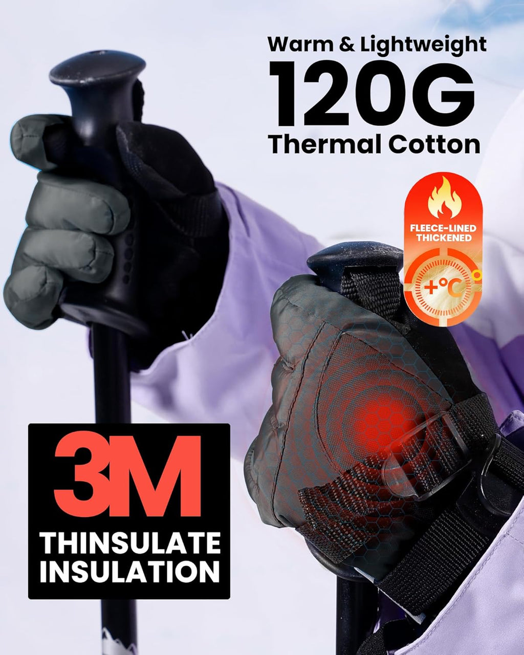 OutdoorMaster gants de ski pour enfants 3M Thinsulate chauds, coupe-vent et imperméables, gants de snowboard d'hiver pour garçons et filles, noir, taille L