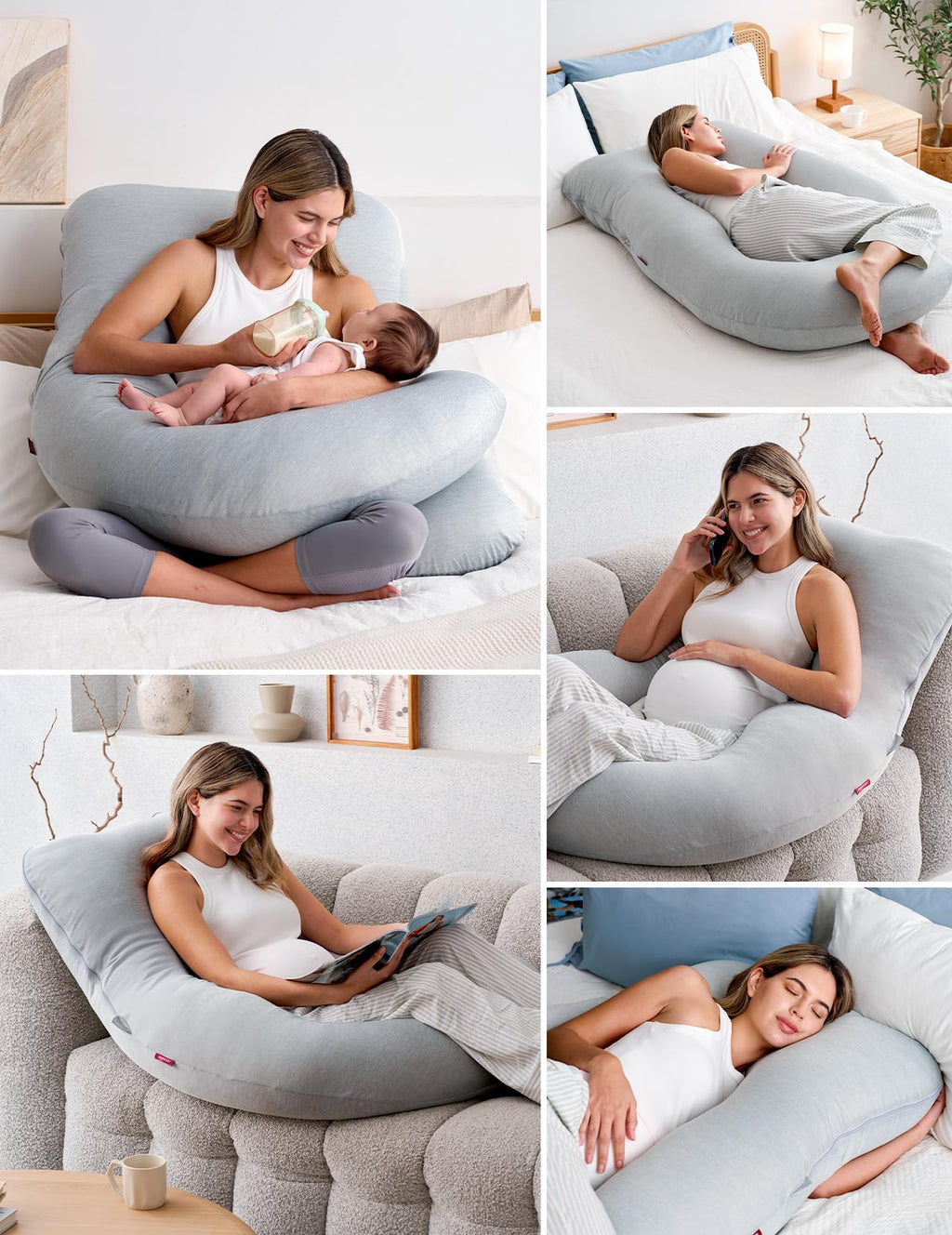Momcozy Oreiller de grossesse en forme de U, double face, toucher frais (gris)