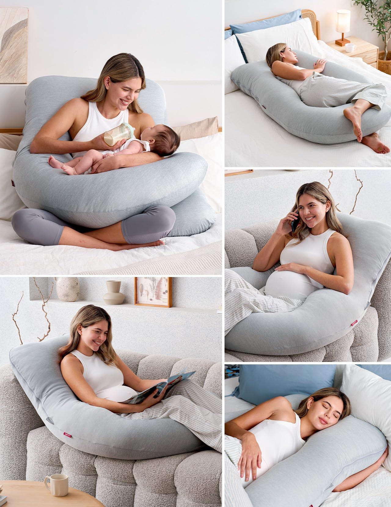 Momcozy Oreiller de grossesse en forme de U, double face, toucher frais (gris)