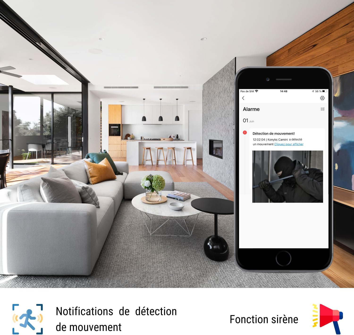 Konyks Camini Care 2 Caméra de Surveillance intérieure WiFi PTZ, 3MP, Bouton d'appel vidéo et Sirène intégrée, Notifications Smartphone, Détection de Mouvement et Bruit