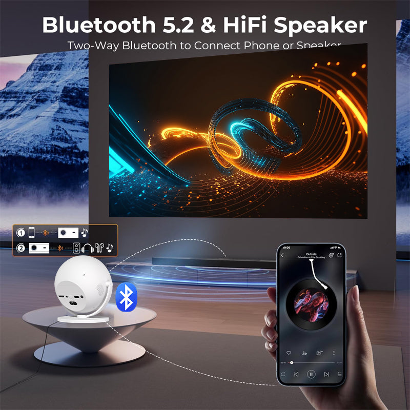 XBJ Projecteur intelligent portable 360°, Full HD 1080P, Rotation à 360° pour projection plafond/mur/table, Projecteur d’extérieur, 500 lumens, Écran 120 pouces, Correction trapézoïdale automatique et 6D, Home cinéma, Wi-Fi/BT/HDMI, Compatible avec t