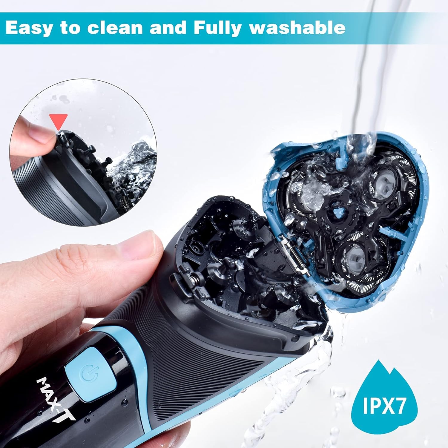 Rasoir électrique MAX-T pour hommes avec tondeuse escamotable, étanchéité IPX7, tête rotative 3D, rasoir sans fil rechargeable, port Type-C, 120 min d'autonomie, Plug & Play – Bleu