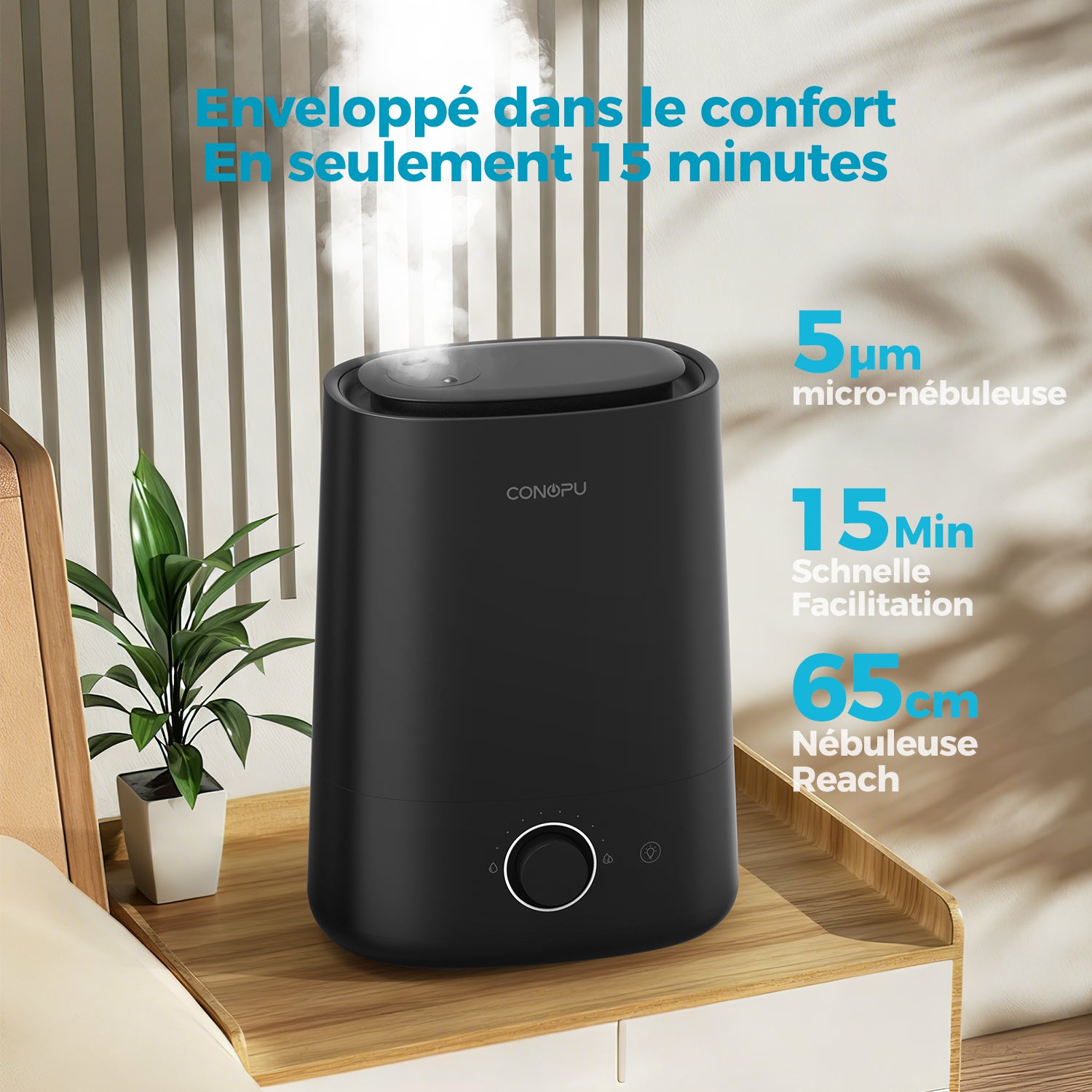CONOPU Humidificateur 5 L à remplissage par le haut avec diffuseur d’huiles essentielles, brume froide ultrasonique, buse rotative à 360°, veilleuse, autonomie de 50 h