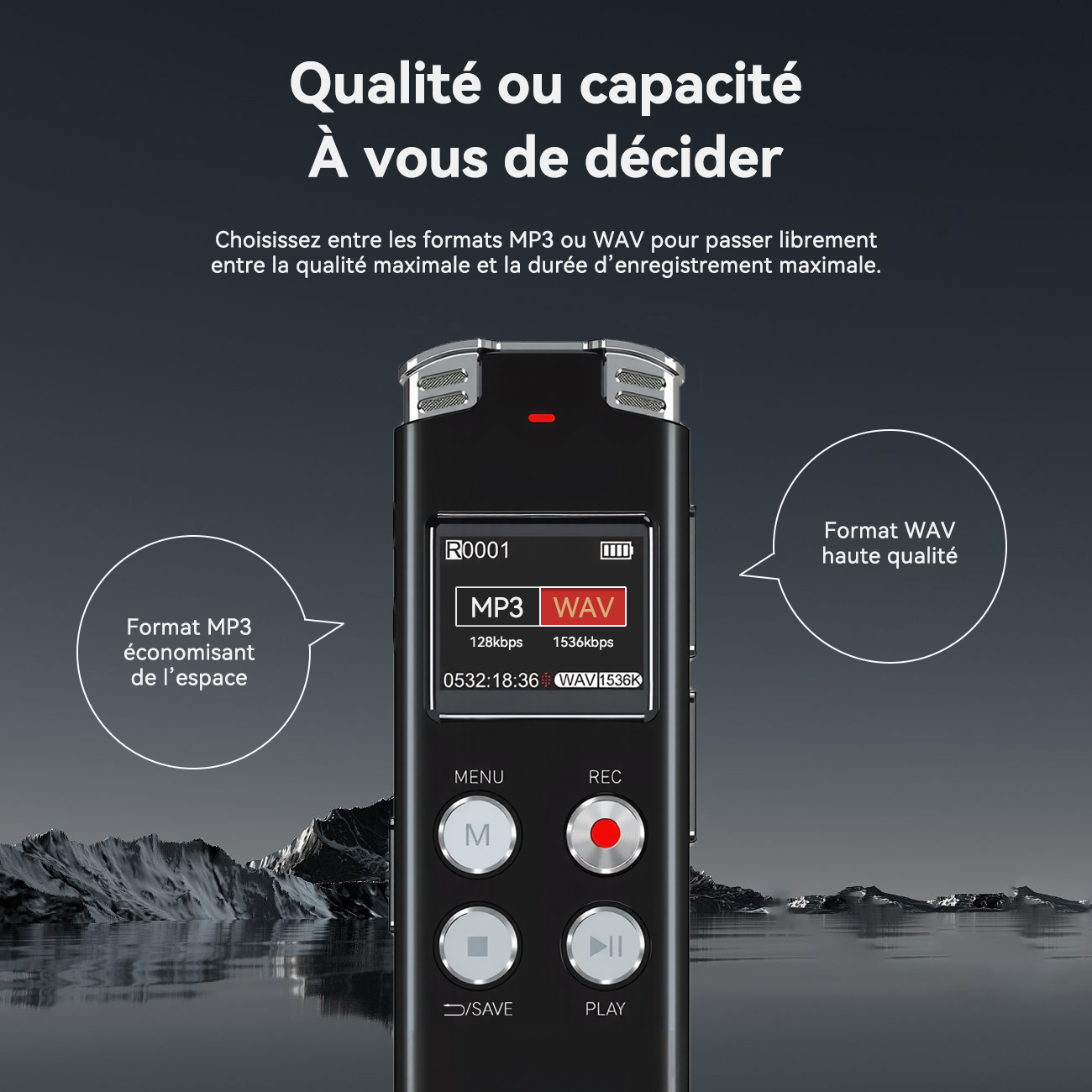 Rexsun Enregistreur vocal numérique portable 128 Go avec écran LCD, Réduction intelligente du bruit, ABS et alliage d’aluminium, Gris, L357
