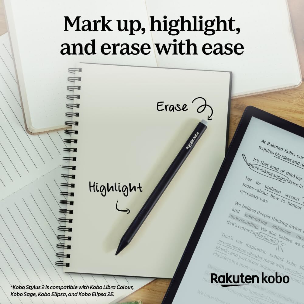 Kobo Stylus 2 compatible avec Kobo Libra Colour/Sage/Elipsa2E - Noir