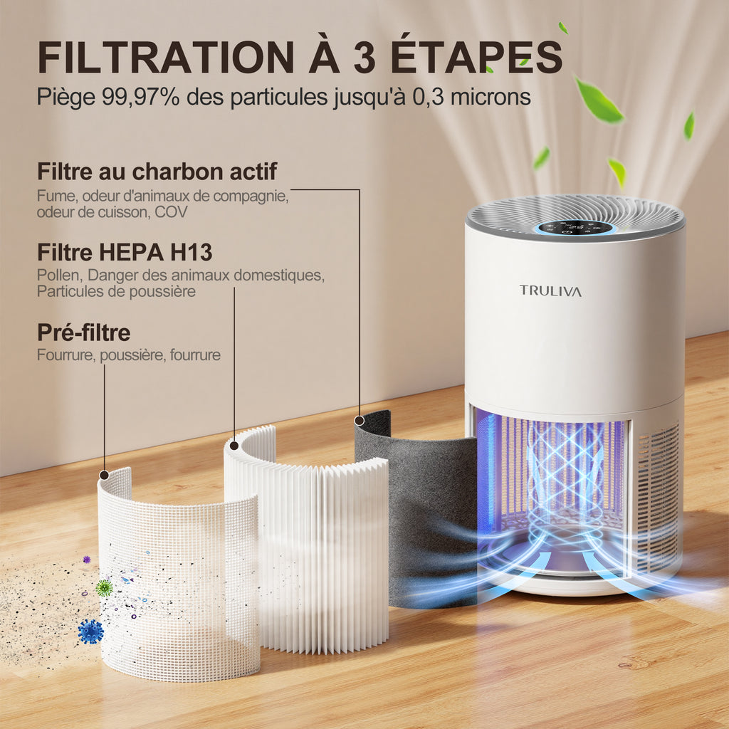 TRULIVA H13 Purificateur d'air HEPA, CADR 450 m³/h, circulation d'air à 360° pour toute la pièce, minuterie 24 h, élimine les odeurs et les squames d'animaux, allergies, PM2.5, fumée, pollen, acariens