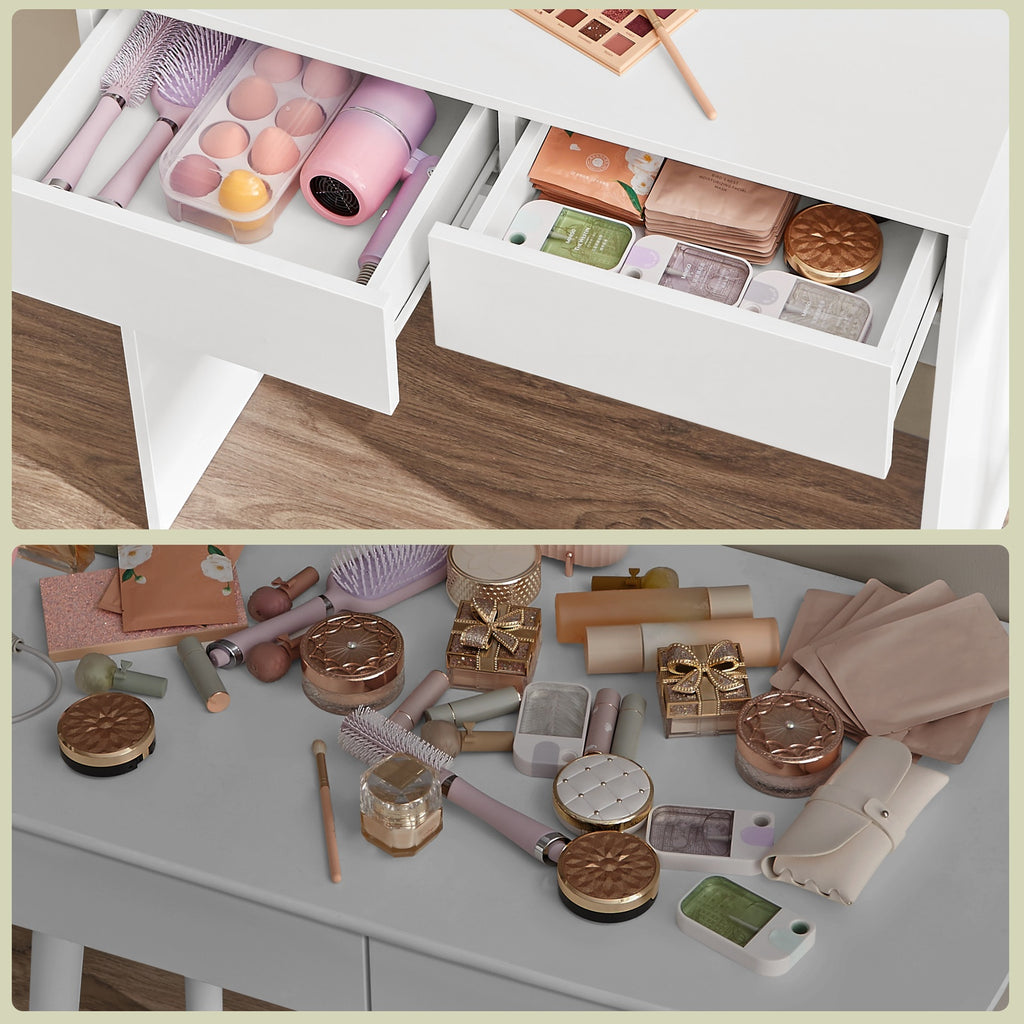 JOYFURNOS Coiffeuse avec Grand Miroir LED, 2 Tiroirs et 3 Compartiments, Coin Beauté, Style Moderne, Blanc