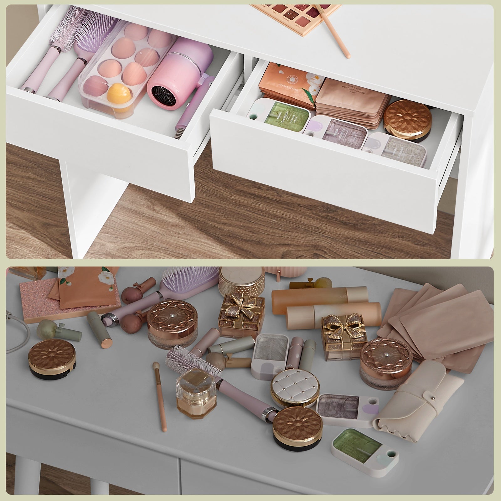JOYFURNOS Coiffeuse avec Grand Miroir LED, 2 Tiroirs et 3 Compartiments, Coin Beauté, Style Moderne, Blanc