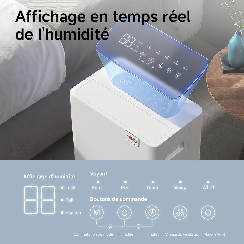 VINO Déshumidificateur intelligent, Commande Wi-Fi, 20 L/jour, R290, Économe en énergie, Réservoir 2,5 L, Idéal pour pièces de 40 m²