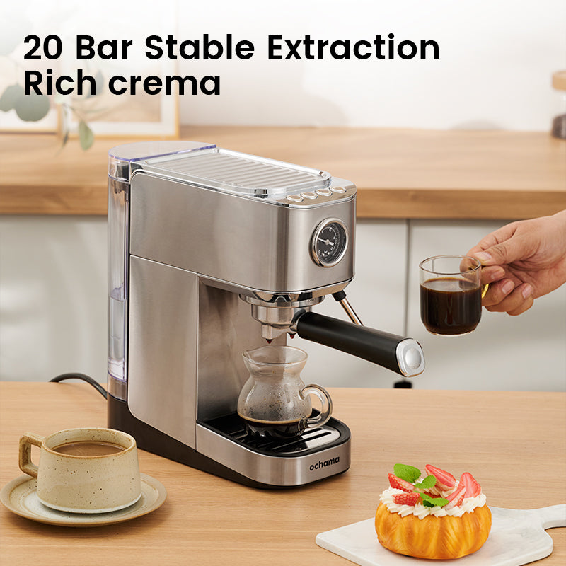 ochama Machine À Espresso Semi‑Automatique, Extraction Haute Pression 20Bar, Réservoir D’eau Amovible 0,9L, Fonction Réchauffage Des Tasses