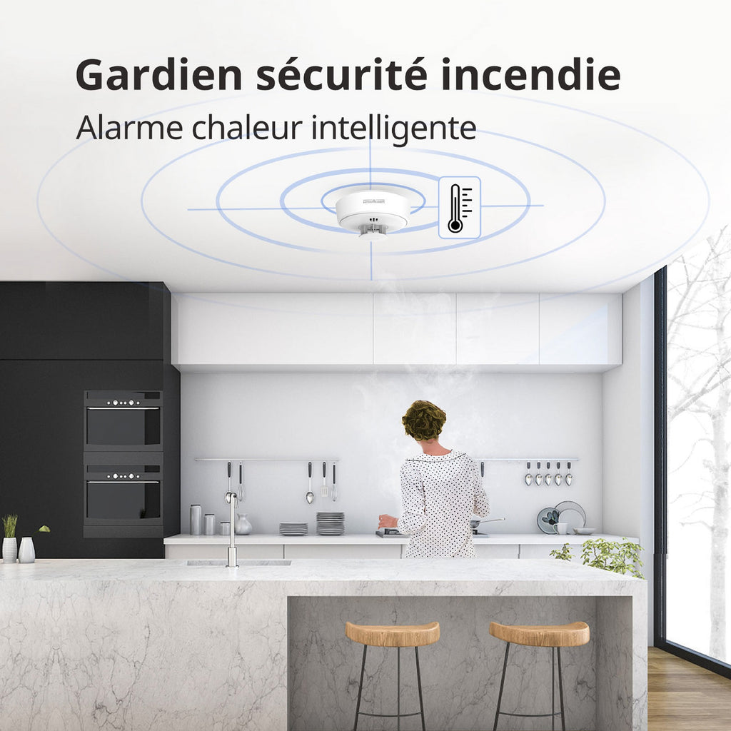 WISUALARM Alarme thermique à pile scellée 10 ans H01 Détecteur de chaleur, Pile scellée 10 ans, Détecteur de chaleur pour cuisine, Mise en silence à distance