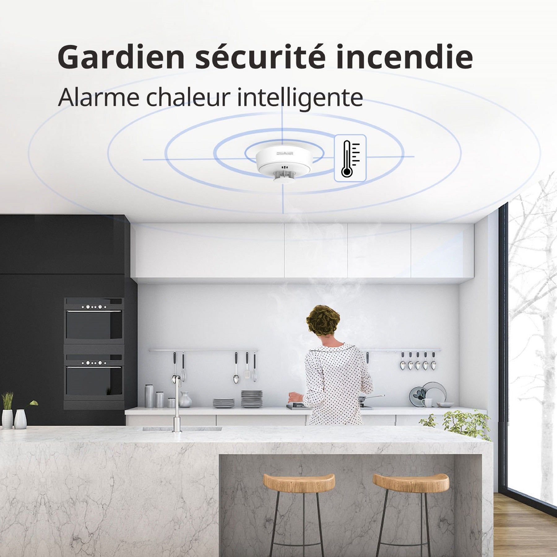 WISUALARM Alarme thermique à pile scellée 10 ans H01 Détecteur de chaleur, Pile scellée 10 ans, Détecteur de chaleur pour cuisine, Mise en silence à distance