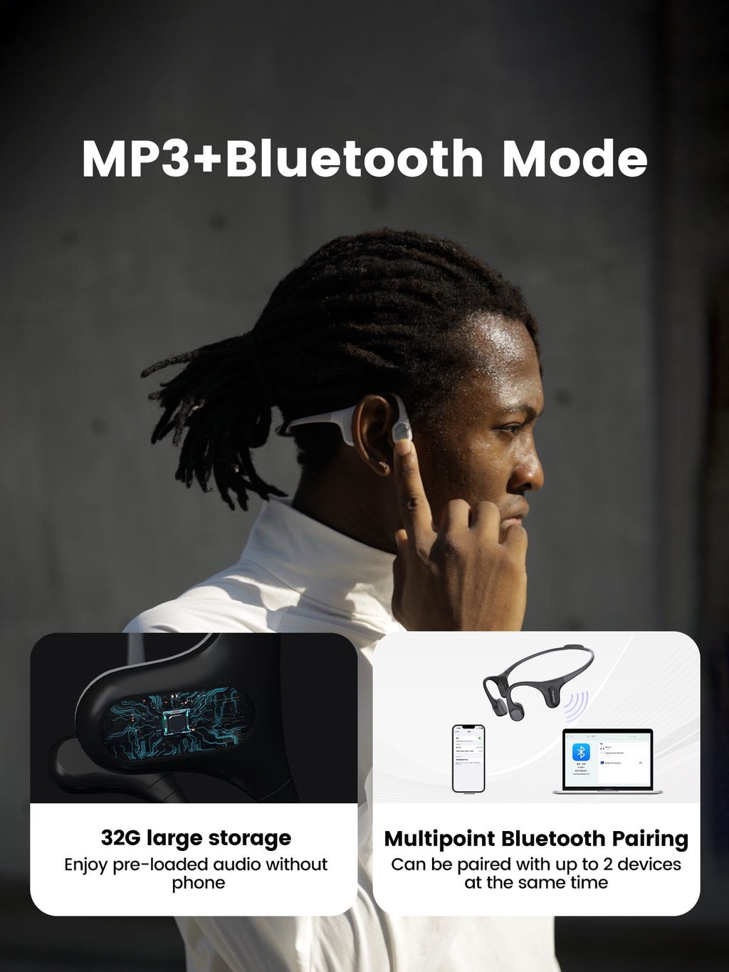 Mojawa Run Plus Casque à conduction osseuse, Étanche IP68, Oreille ouverte, Bluetooth sans fil sport avec stockage intégré 32 Go et lecteur MP3 pour course, natation