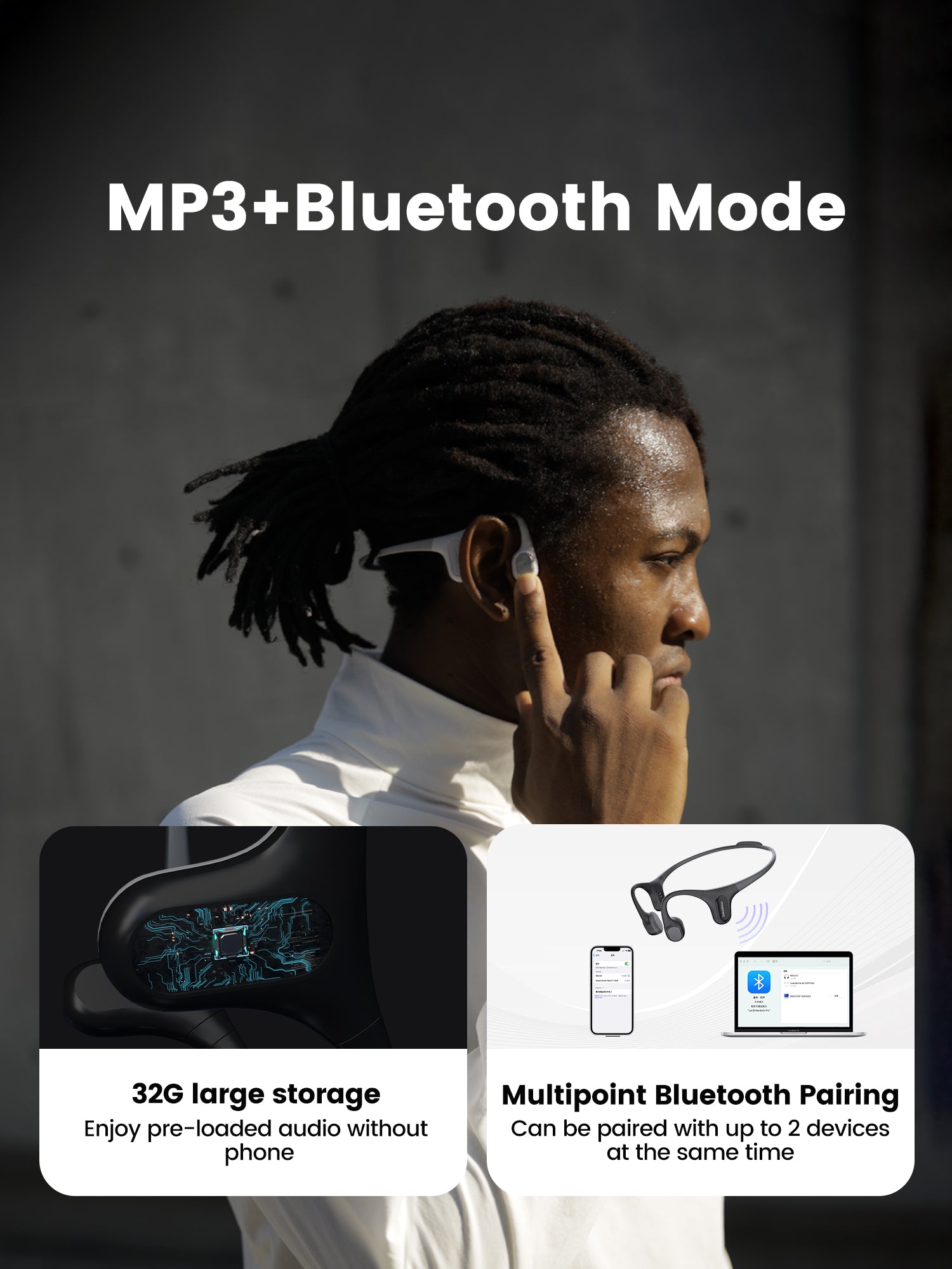 Mojawa Run Plus Casque à conduction osseuse, Étanche IP68, Oreille ouverte, Bluetooth sans fil sport avec stockage intégré 32 Go et lecteur MP3 pour course, natation
