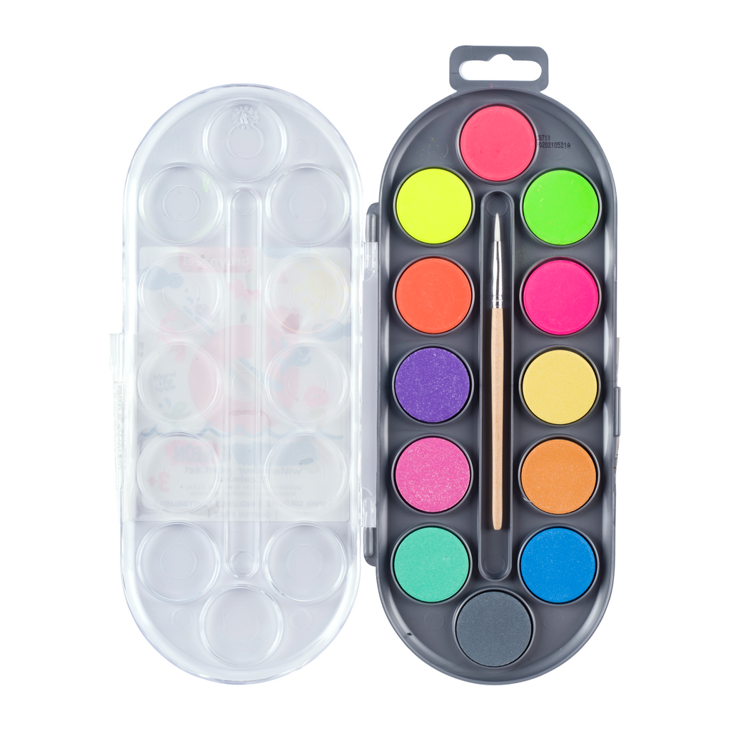Bruynzeel Kids set de peinture à l'eau de 12 couleurs métalliques et fluo avec pinceau