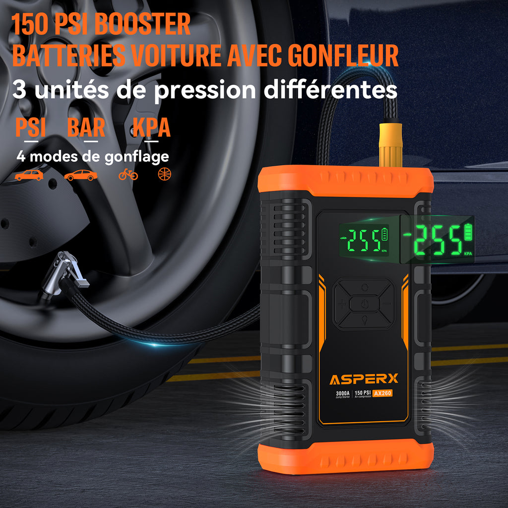 ASPERX Booster de Batterie avec Compresseur d’Air, Démarreur de Voiture 3000A 150PSI avec Lampe Torche LED et Câbles de Démarrage, pour Véhicules 12V, Motos et SUV (jusqu’à 10L Essence ou 8L Diesel)