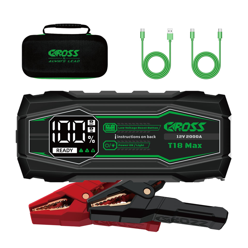 CAROSS Booster de démarrage portable 2 000 A 12 V, Noir, Batterie lithium-ion 20 000 mAh, Protection anti-étincelles et inversion de polarité, Fonction Boost, Écran LED 2,3''