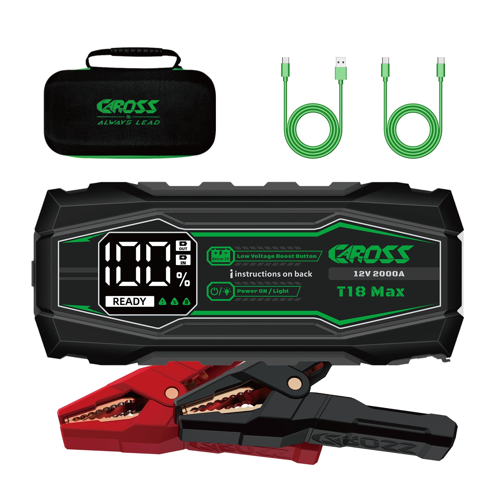CAROSS Booster de démarrage portable 2 000 A 12 V, Noir, Batterie lithium-ion 20 000 mAh, Protection anti-étincelles et inversion de polarité, Fonction Boost, Écran LED 2,3''