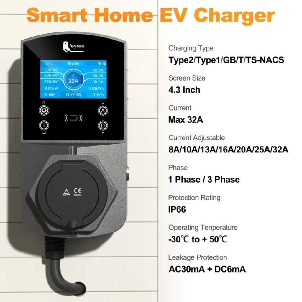 Feyree Borne de recharge murale intelligente Type 2 version prise 22 kW pour véhicule électrique, équipement d'alimentation pour véhicule électrique pour fiches TS-NACS Type 1 GB/T