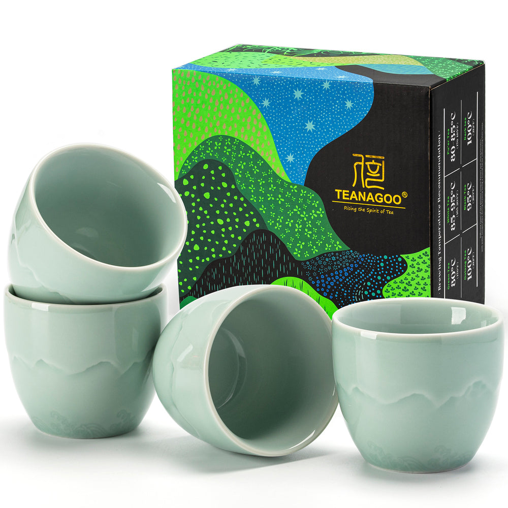 TEANAGOO Tasses à Thé Japonaises, 6.3 oz/180ml, Céladon Bleu, 4 Pièces/Boîte, Sans Anse, Céramique, Pour Thé Japonais et Asiatique, Soldes du Nouvel An, Idées Cadeaux Incontournables