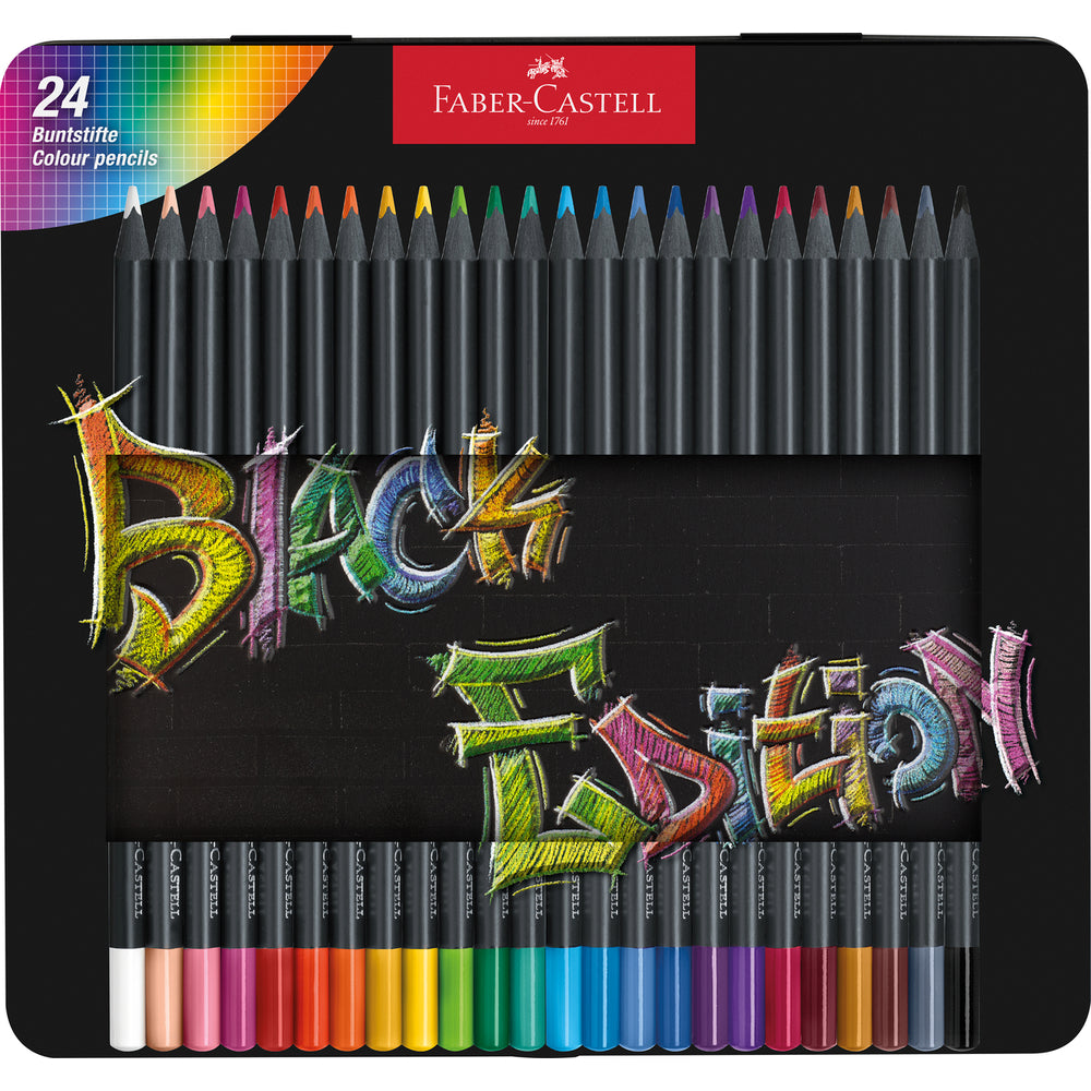 Faber-Castell Boîte en métal de 24 crayons de couleur Black Edition
