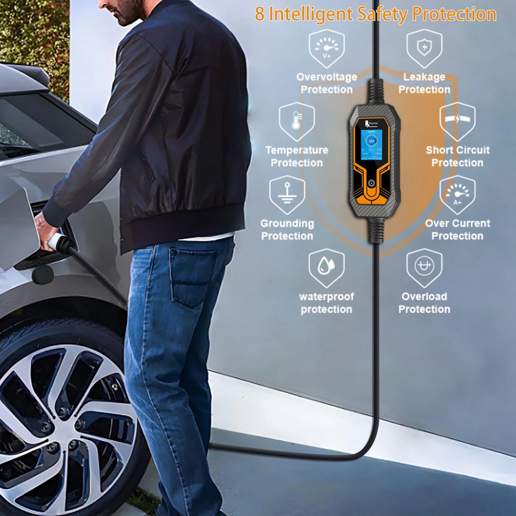feyree Station de charge portable EVSE 7 kW (type 2, 1 phase, 32 A, câble 5 m, prise mâle CEE) pour voiture électrique