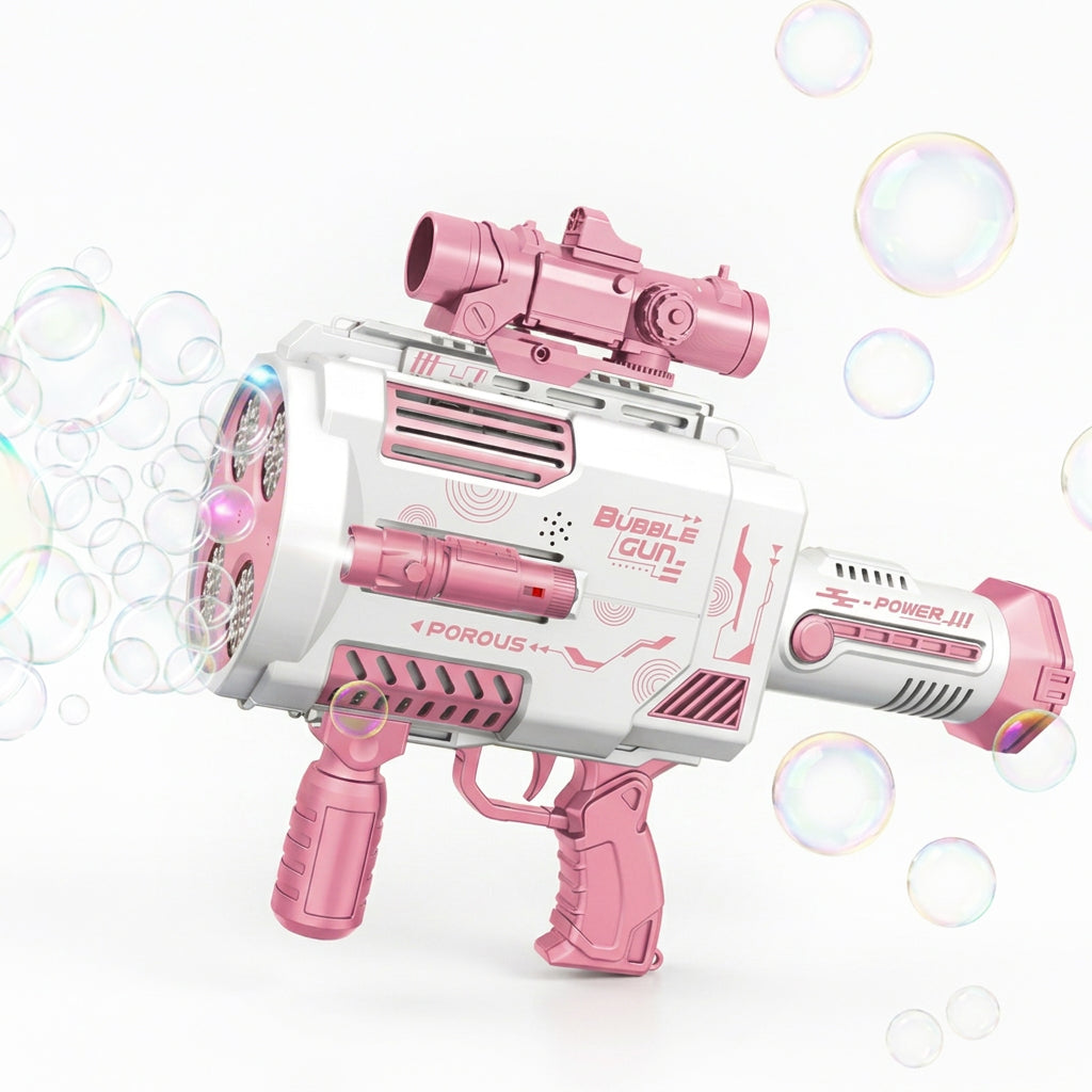 Pistolet à bulles Gatling rose Tokky, machine à bulles automatique à 48 trous avec lumières LED colorées, chargement USB et conception étanche à 360 degrés, jouet tactique pour filles