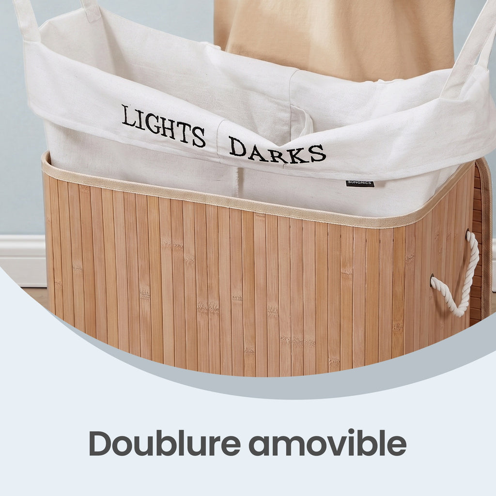 JOYFURNOS Panier à linge en bambou naturel avec 2 compartiments, 100 litres, pliable avec sac amovible, 52 x 63 x 32 cm